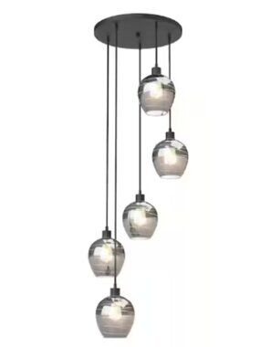 New Open Box- 5-Light Black Modern Pendant Chandelier with Globe Glass Shade